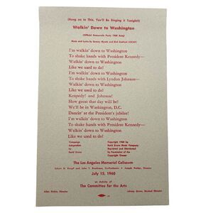 Kennedy & Johnson Walkin' Down to Washington 1960 Democratic Party Song Card Vtg